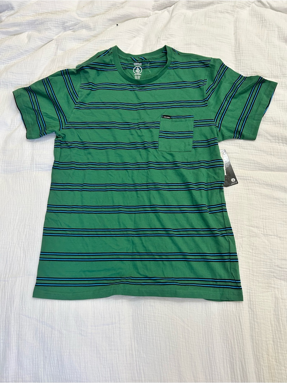 Volcom Green Striped Pocket Tee with Navy Accents